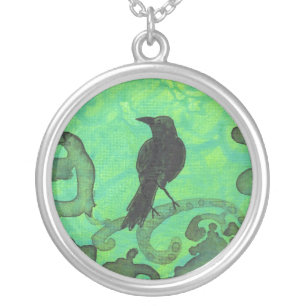 Raven on blue green abstract bird art necklace