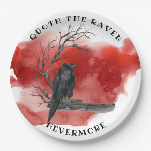 Raven on Branch Blood Red Background Paper Plates