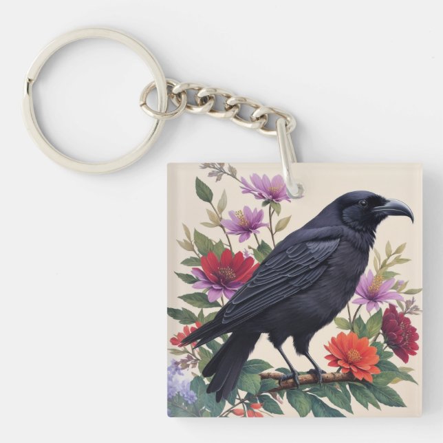 Raven on Branch Colorful Floral Art Keychain (Front)