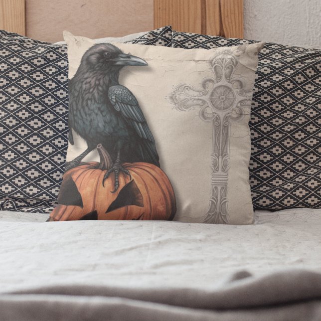 Raven on Jack O Lantern | Victorian Styled Throw Pillow (Raven on Jack o Lantern with faded spooky cross throw pillow for Halloween and scary decor. )