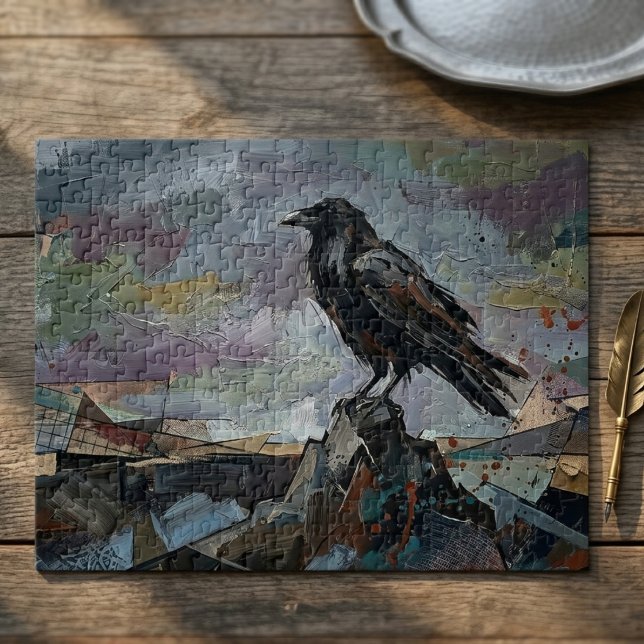 Raven on Peak – Impasto Corvid Dark Gothic Jigsaw Puzzle (Dark gothic raven jigsaw puzzle)