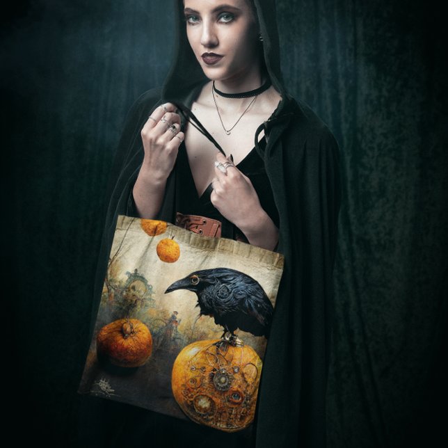Raven on Pumpkin Tote Bag (Spooky raven sitting on a pumpkin tote.  Halloween addition for trick or treating. )