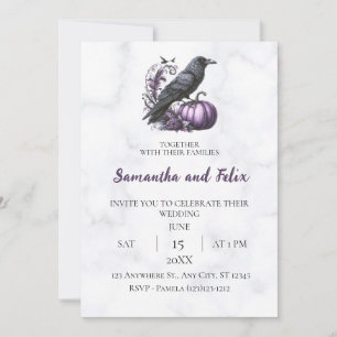 Raven on Purple Pumpkin Marble Wedding Invitation