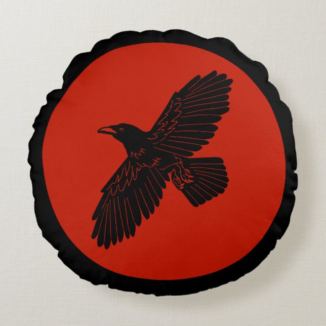 Raven On Red Round Pillow (Front)