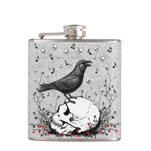 Raven on Skull Illustration Hip Flask