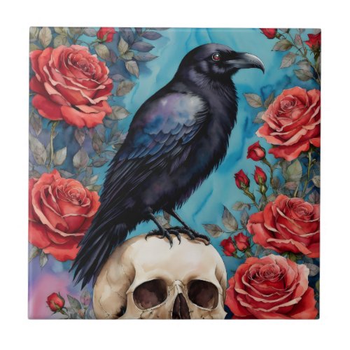 Raven On Skull Red Roses At Night Ceramic Tile