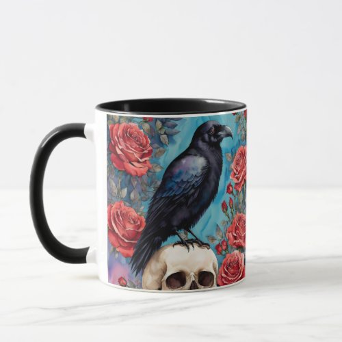 Raven On Skull Red Roses At Night Mug