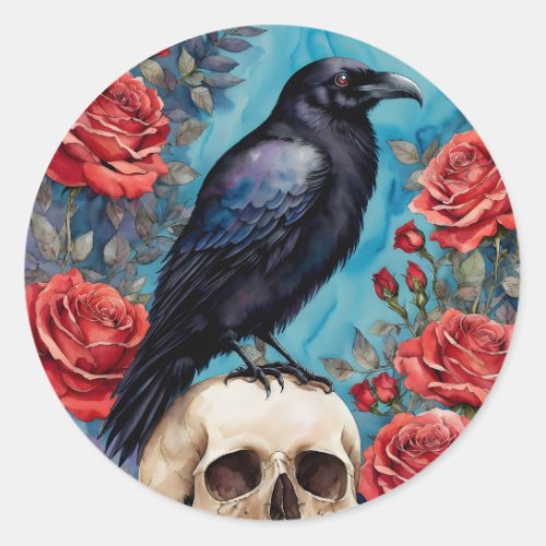 Raven On Skull Red Roses Night Classic Round Sticker