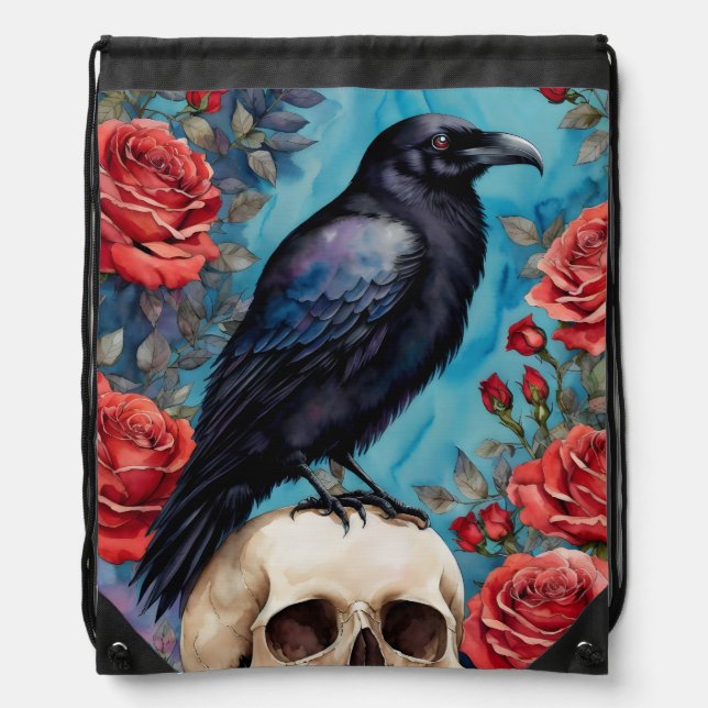 Raven On Skull Red Roses Teal Background Drawstring Bag (Front)