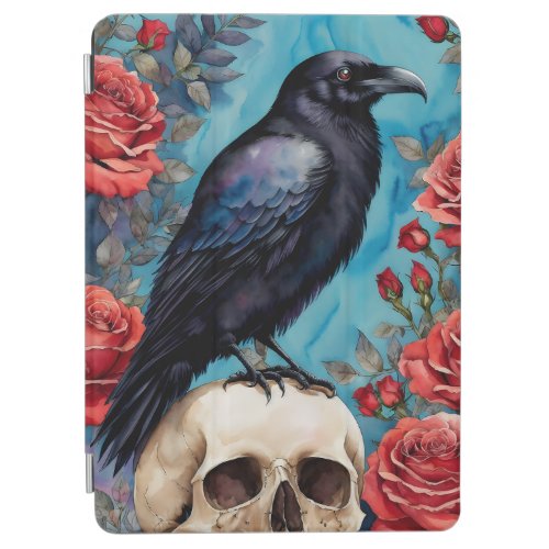 Raven On Skull Red Roses Teal Background iPad Air Cover