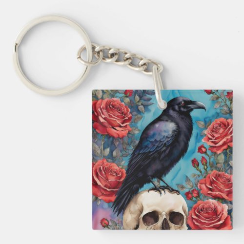 Raven On Skull Red Roses Teal Background Keychain