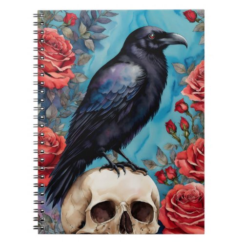 Raven On Skull Red Roses Teal Background Notebook
