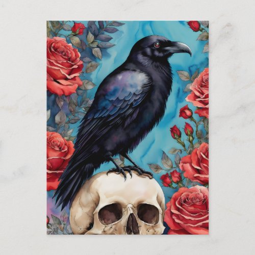 Raven On Skull Red Roses Teal Background Postcard