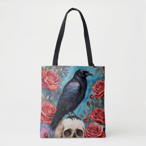 Raven On Skull Red Roses Teal Background Tote Bag