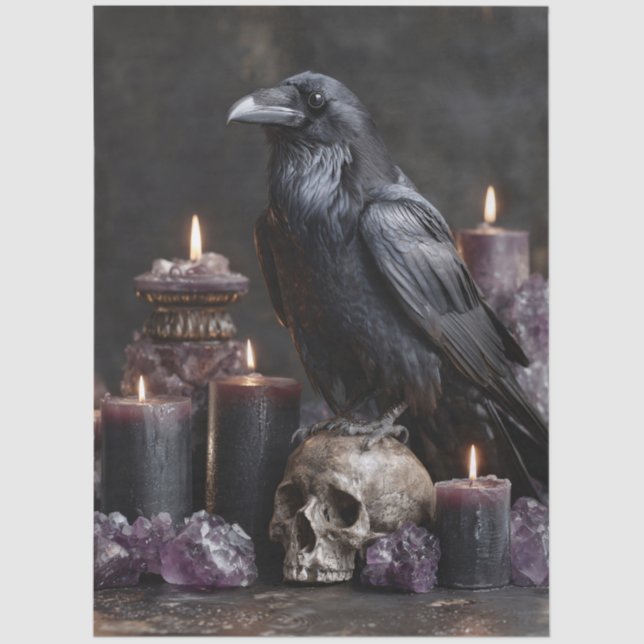 Raven on Skull with Candles and Amethyst Crystals Tissue Paper (Front)