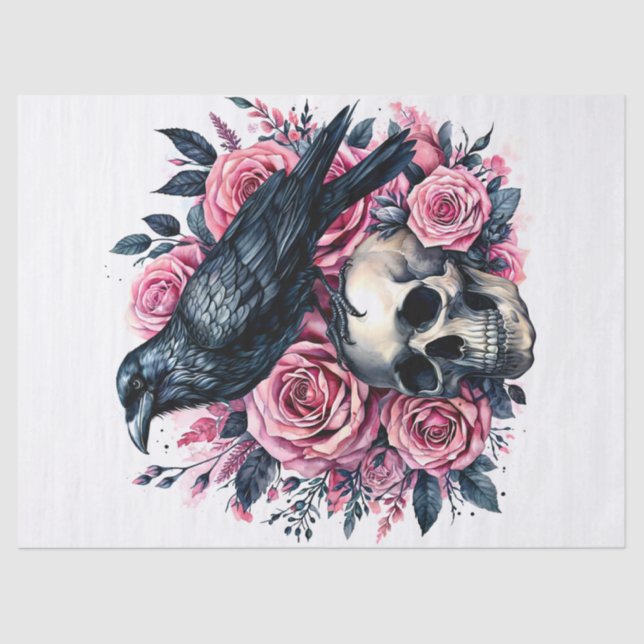 Raven On Skull With Pink Roses Tissue Paper (Front)