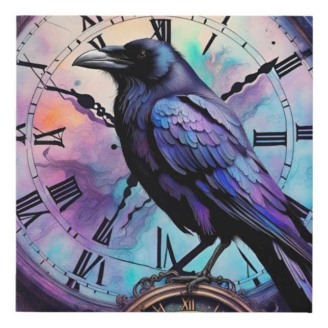 Raven on the Clock Watercolor Faux Canvas Print (Front)