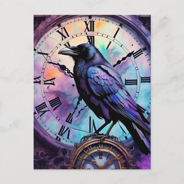 Raven on the Clock Watercolor Postcard (Front)
