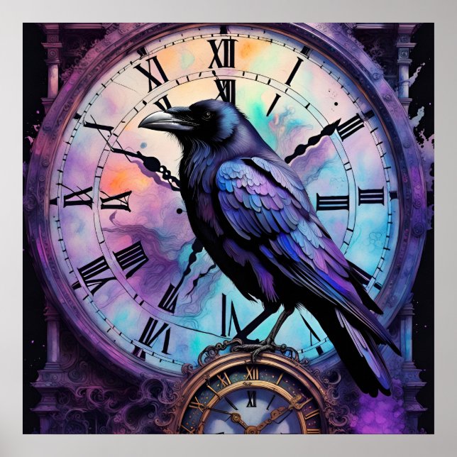 Raven on the Clock Watercolor Poster (Front)