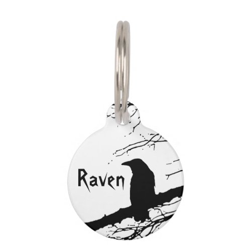 Raven on the Tree Black and White  Pet ID Tag
