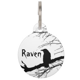 Raven on the Tree Black and White  Pet ID Tag