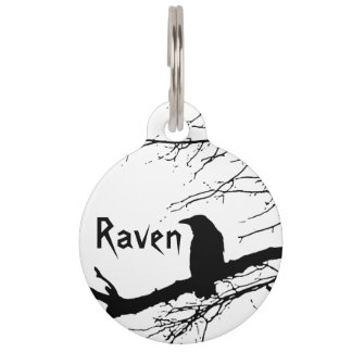 Raven on the Tree Black and White Pet ID Tag
