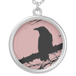Raven on the Tree, Dusty Rose Sky Silver Plated Necklace