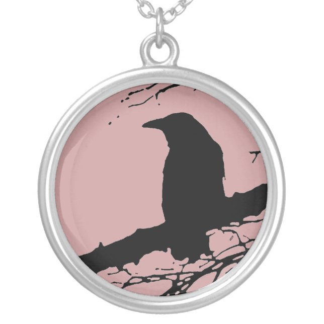 Raven on the Tree, Dusty Rose Sky Silver Plated Necklace (Front)