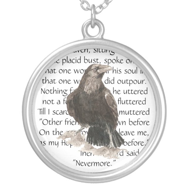 Raven over Edgar Allen Poe Poem, Nevermore Silver Plated Necklace (Front)