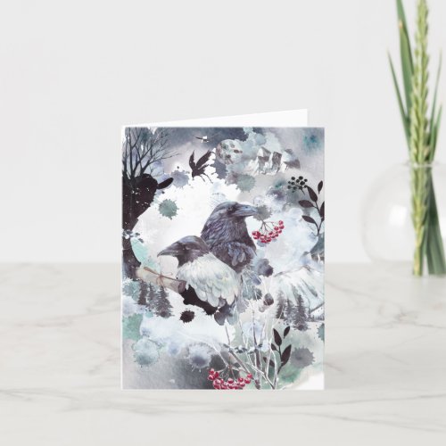 Raven Pair _ Abstract Winter Scene Holiday Card