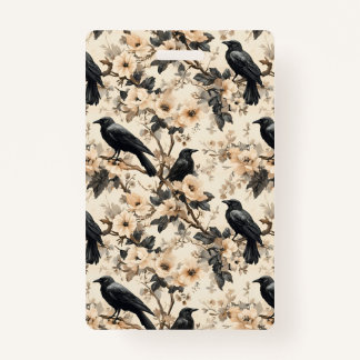 Raven pattern crow floral trees Badge