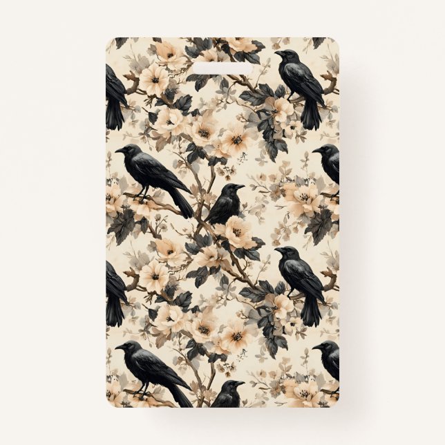 Raven pattern crow floral trees Badge (Front)