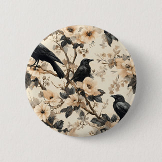 Raven pattern crow floral trees button