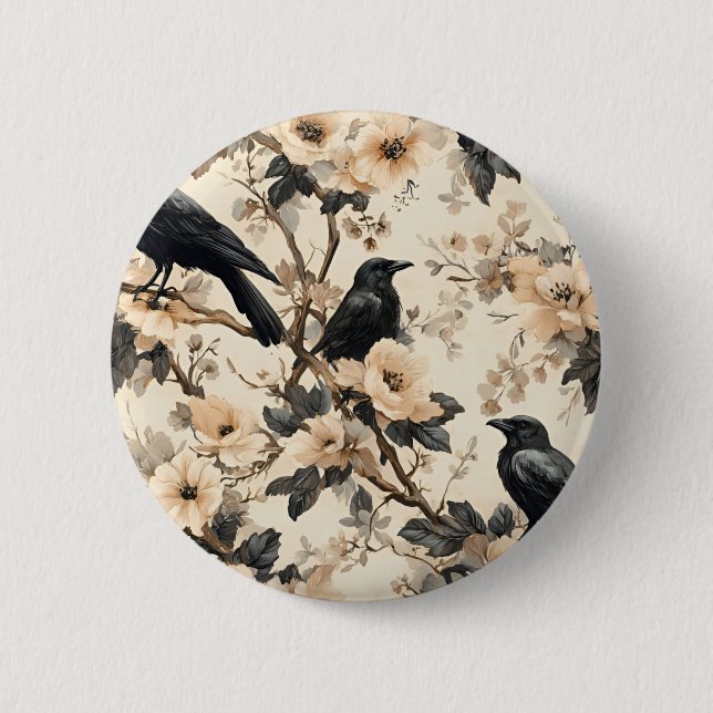 Raven pattern crow floral trees button (Front)