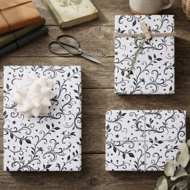 Raven Perch Gothic Scroll Wrapping Paper Sheets (Monochrome raven botanical wrapping paper for book lovers celebrating a gothic birthday.)