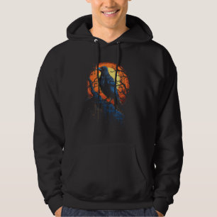 Raven Perched on Branch Under Full Moon Graphic Hoodie