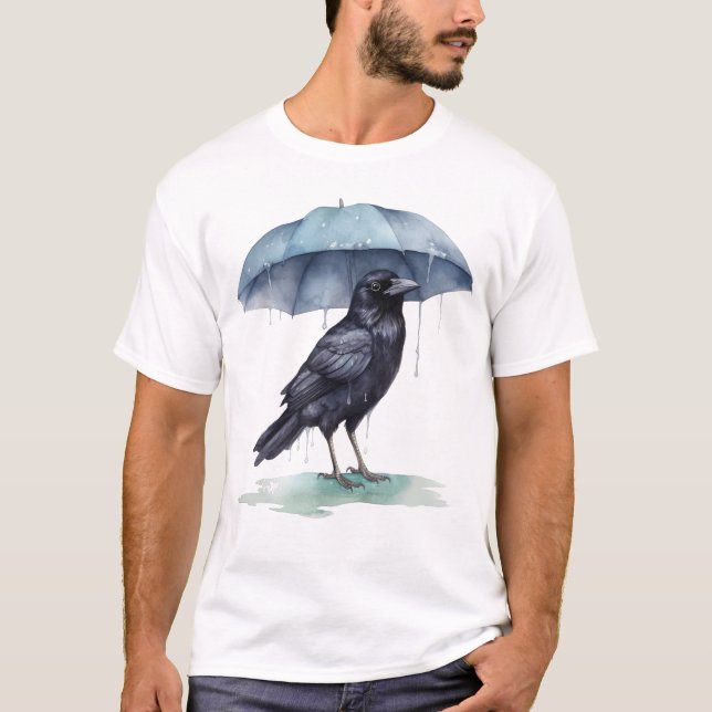 Raven Playing in the Rain With an Umbrella Novelty T-Shirt (Front)