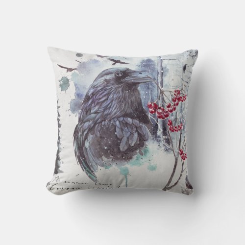 Raven Red Berries Abstract Watercolor Splash Throw Pillow