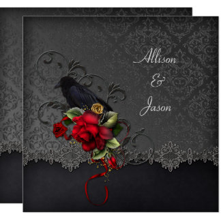 Raven Red Roses Black Gray Damask Card