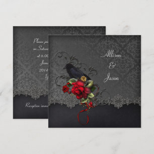 Raven Red Roses Black Gray Damask Invitation