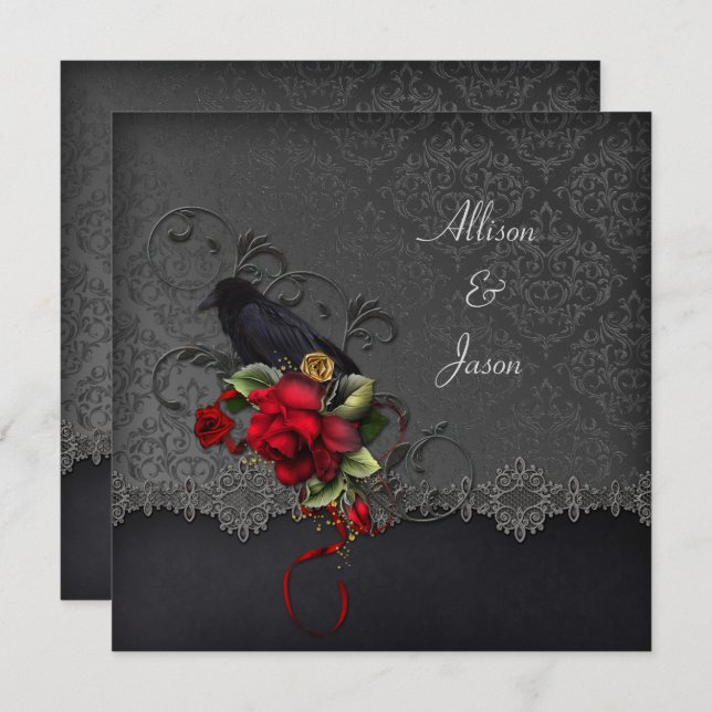Raven Red Roses Black Gray Damask Invitation (Front/Back)
