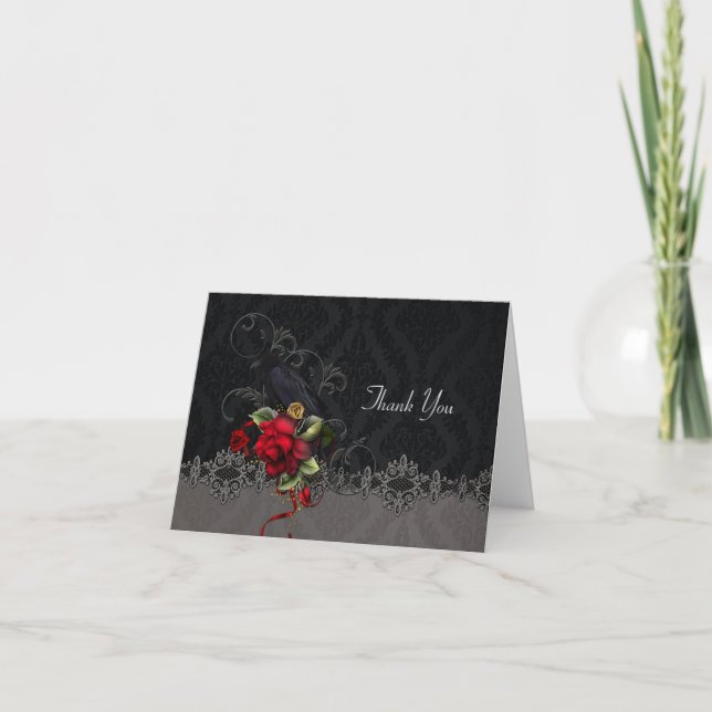 Raven Red Roses Black Gray Damask Thank You Card (Front)
