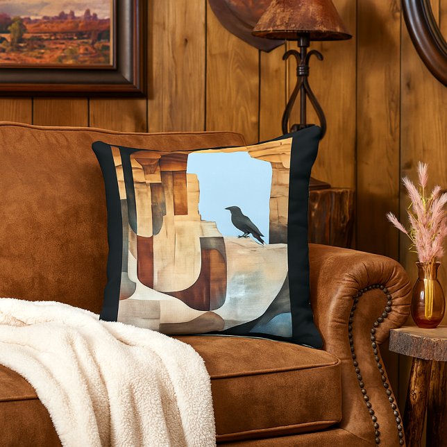 Raven Remembers the Ancestors Southwestern Style Throw Pillow (western style living room with native american inspired raven throw pillow
)