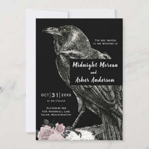 Raven Roses Black Pink Halloween Wedding Invitation