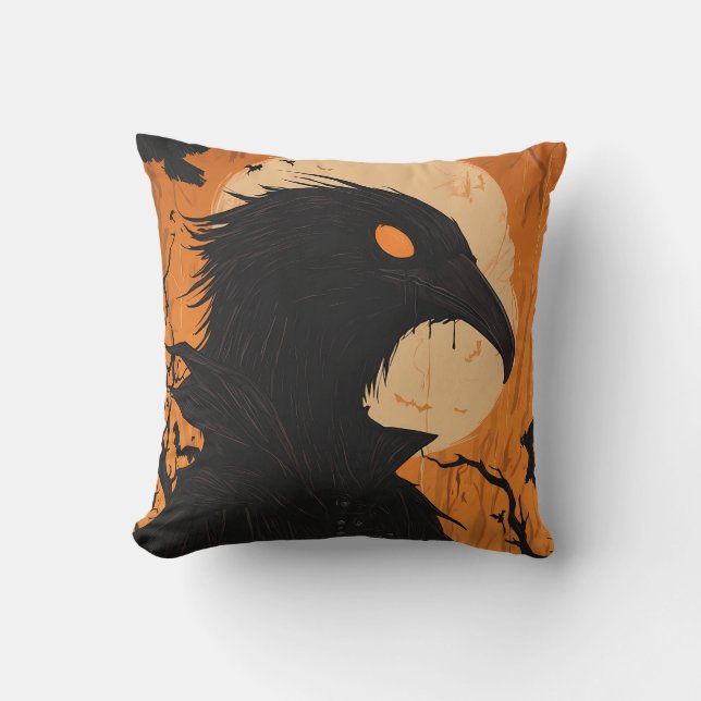 Raven Silhouette Full Moon Black Orange Halloween  Throw Pillow (Front)