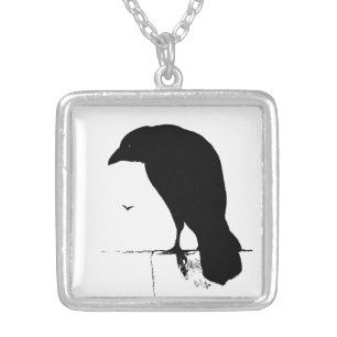 Raven Silhouette - Vintage Goth Ravens & Crows Silver Plated Necklace