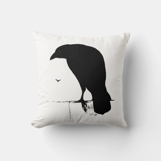 Raven Silhouette - Vintage Goth Ravens & Crows Throw Pillow (Front)
