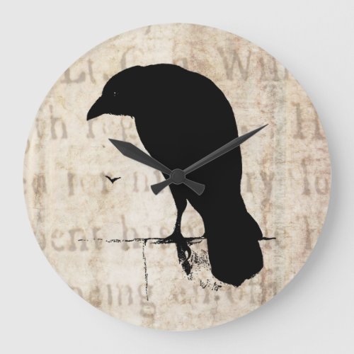Raven Silhouette _ Vintage Retro Ravens  Crows Large Clock