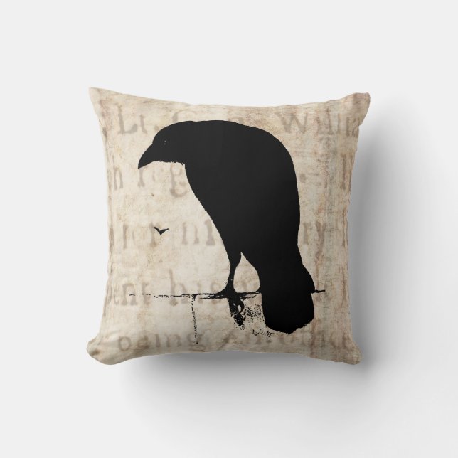 Raven Silhouette - Vintage Retro Ravens & Crows Throw Pillow (Front)