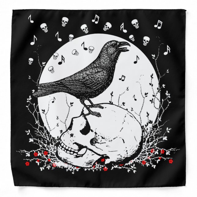 Raven Sings Song of Death on Skull Illustration Bandana (Front)
